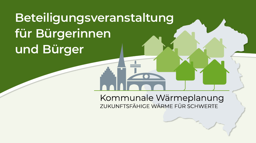 Grafik zur Beteiligungsveranstaltung für Bürgerinnen und Bürger zur kommunalen Wärmeplanung in Schwerte. Zu sehen sind stilisierte Häuser, Bäume und Wahrzeichen der Stadt vor einer Stadtkarte mit der Überschrift ‚Kommunale Wärmeplanung – zukunftsfähige Wärme für Schwerte‘.
